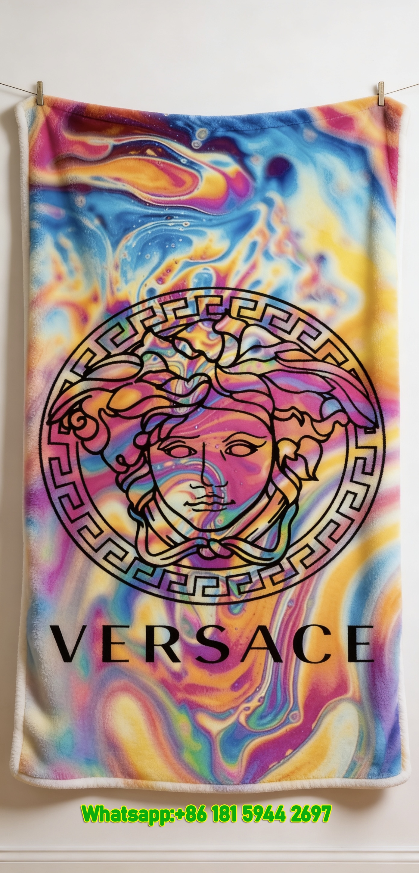 Versace Multicolor Holographic Psychedelic Medusa Print Flannel Throw Blanket IMG_1474